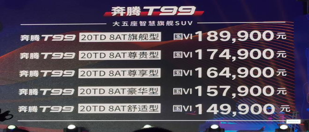 一汽奔腾SUV车型T99今晚上市 售价区间为14.99-18.99万元