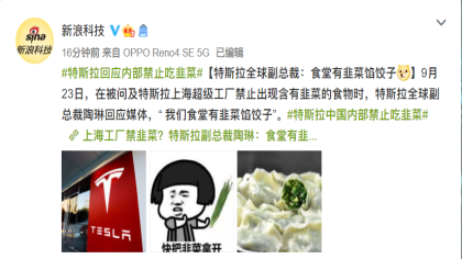 特斯拉禁止员工说韭菜一词，网友喜欢以“韭菜”自嘲