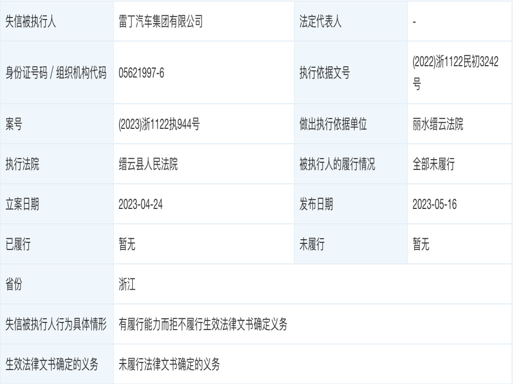 雷丁汽车成老赖！