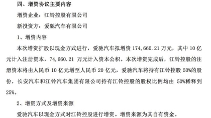 爱驰汽车成为江铃控股大股东，出资17.47亿元收购50%股份