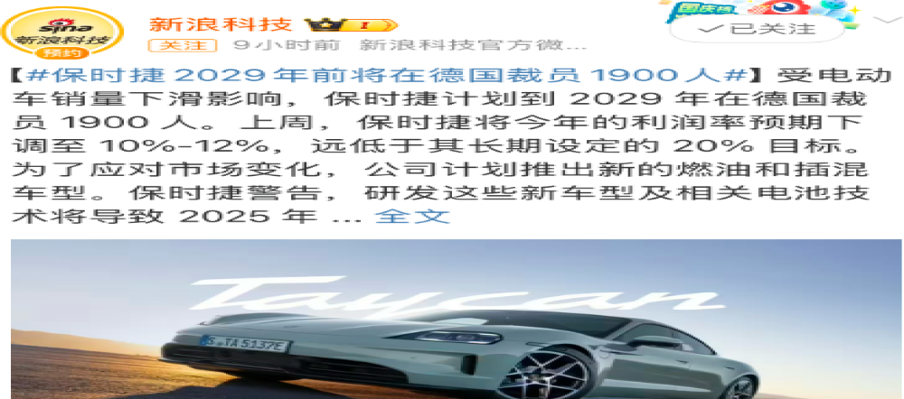电动汽车需求疲软！保时捷被曝将开启裁员