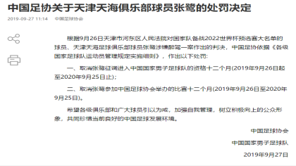 酒驾重罚！张鹭禁赛一年，取消进入国足资格一年
