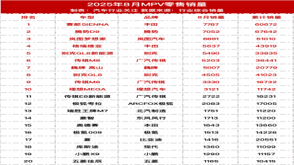 2025年8月MPV销量榜
