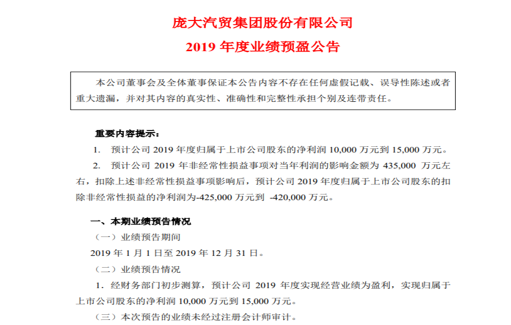 重整有效？庞大集团2019年预盈1-1.5亿元，已被撤销退市风险