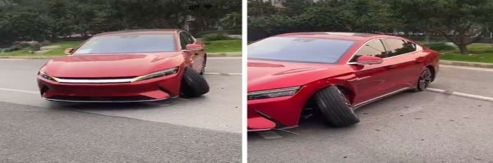 又一起试驾事故！汉EV在街头前轮脱落后轮爆胎