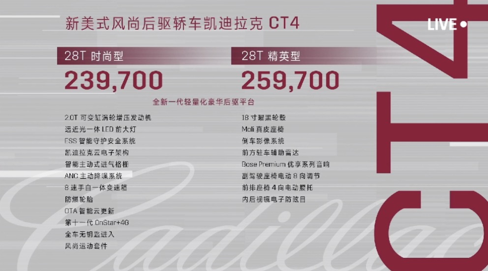 凯迪拉克CT4今日上市，共推两款车型售价23.97万起