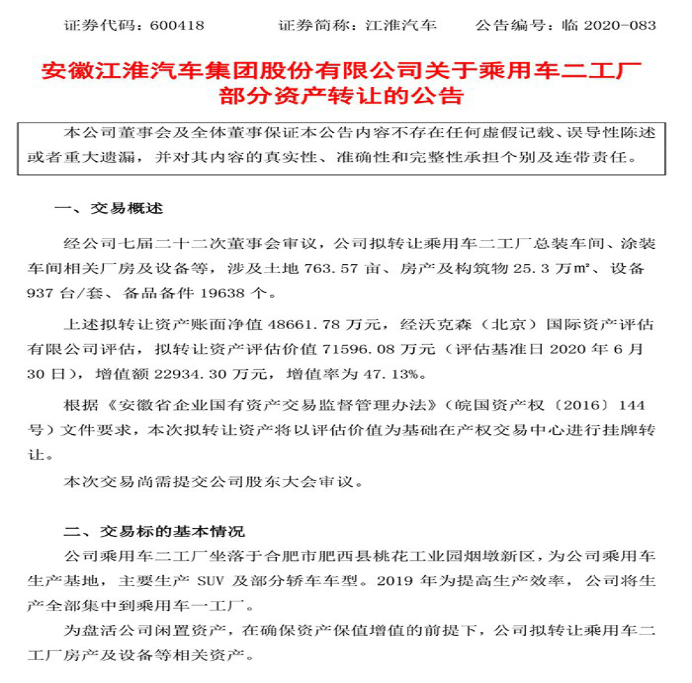 为盘活公司闲置资产，江淮汽车拟转让二工厂