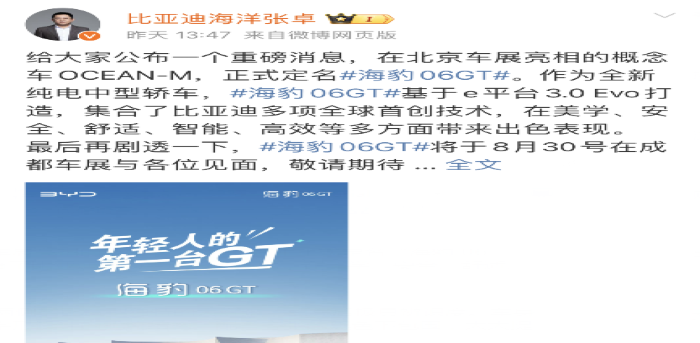 海豹06GT！比亚迪全新纯电轿车定名