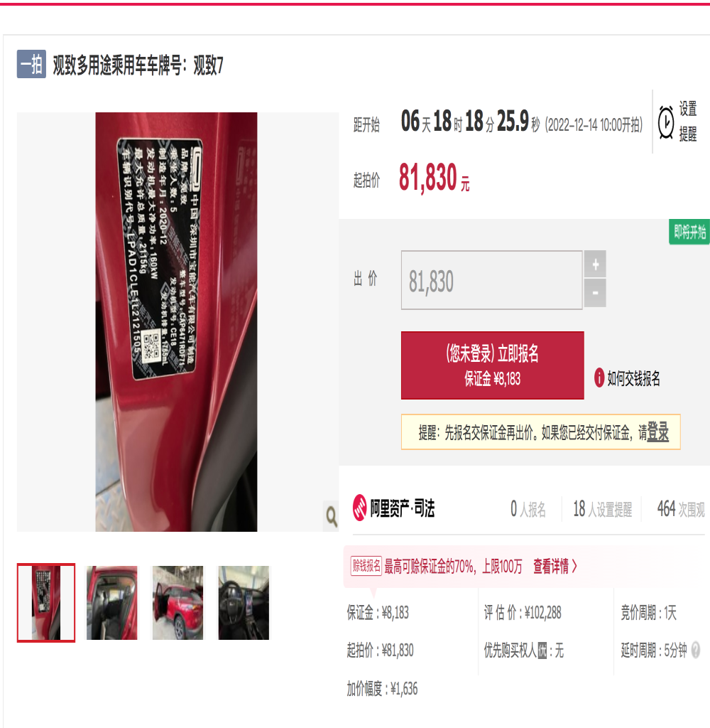 评估价4万！观致大量新车司法拍卖