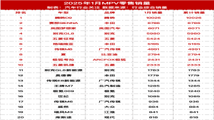 2025年1月MPV零售销量榜
