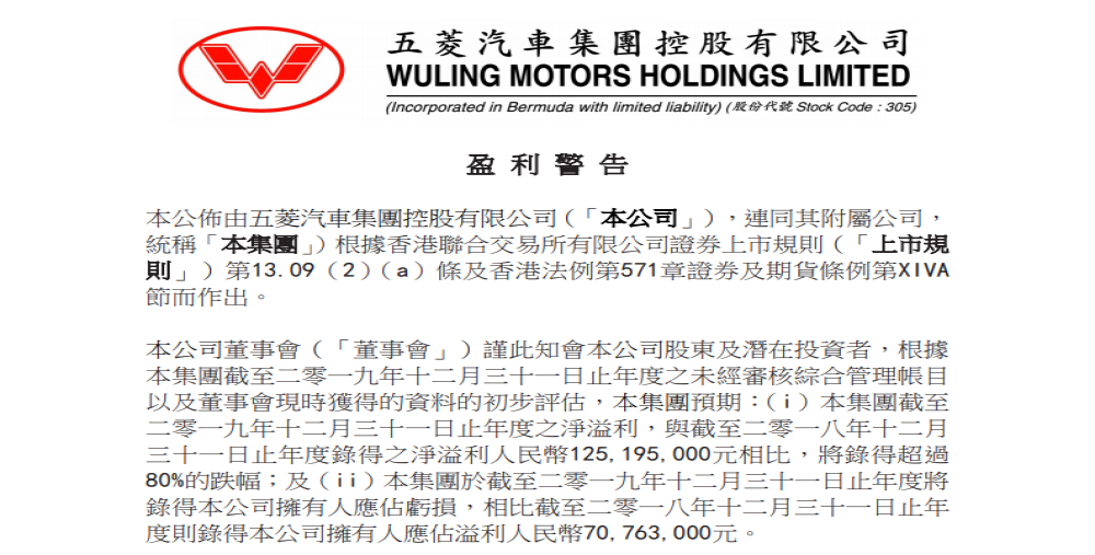 中国市场低迷致业绩大幅亏损，五菱汽车发布2019年盈利预警