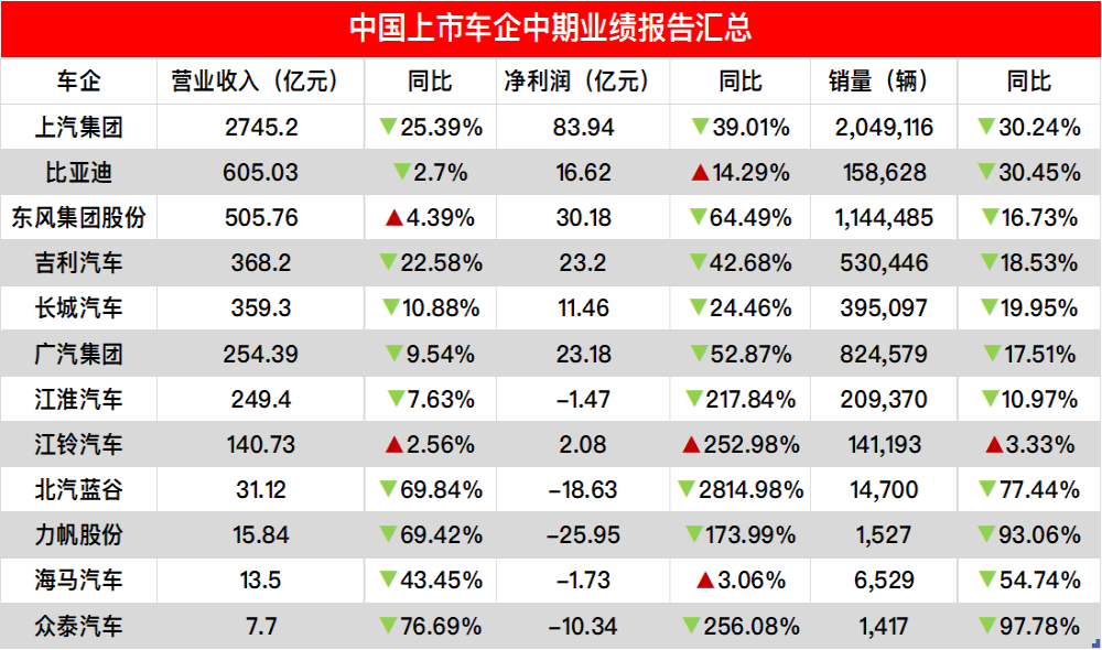 国内车企业绩榜单出炉，上半年营收利润集体下跌