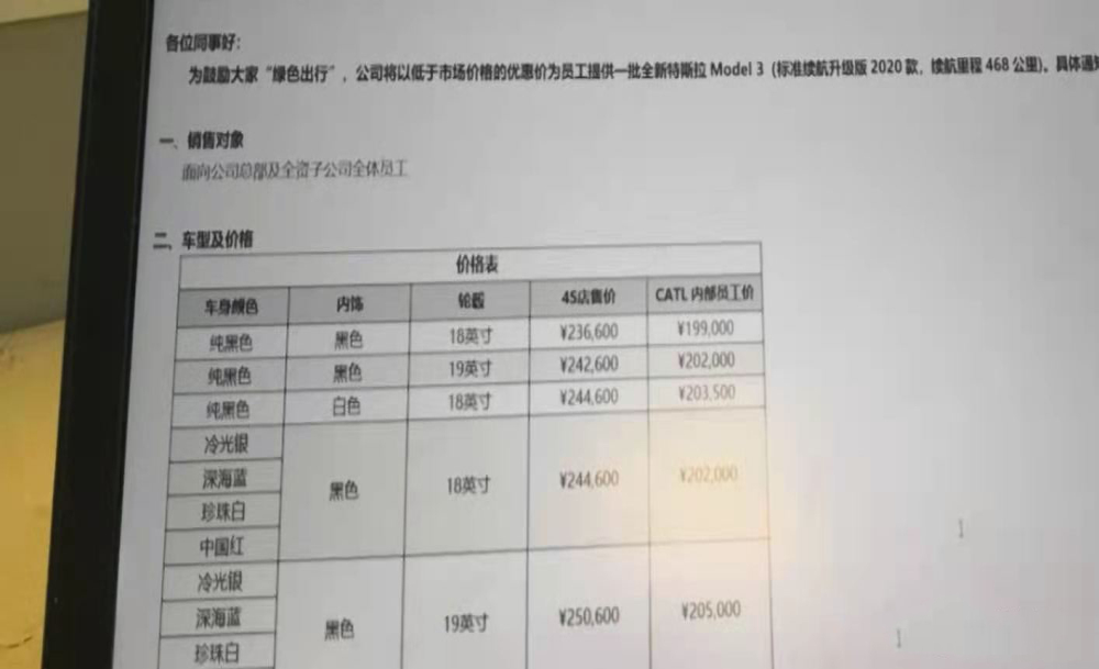 宁德时代内部员工价曝光，Model 3 19.9万起售