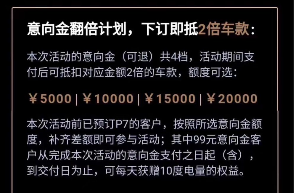 小鹏意向金后变定金，限定5天内交割引客户不满