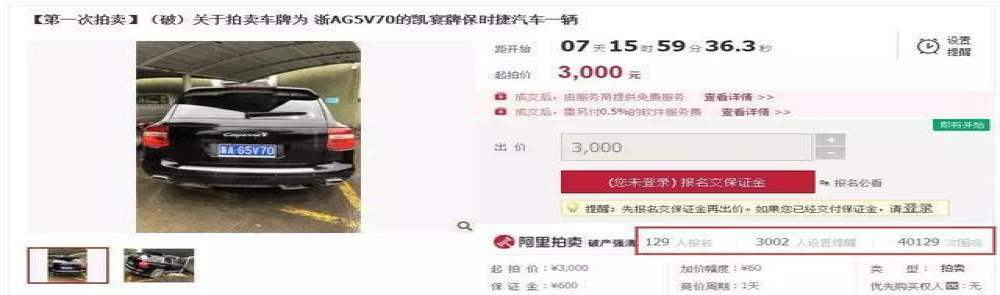 保时捷卡宴3000元起拍，还附赠浙A车牌