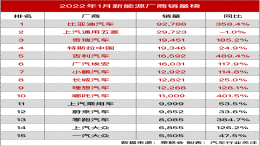 2022年1月新能源榜，五菱成唯一下跌车企
