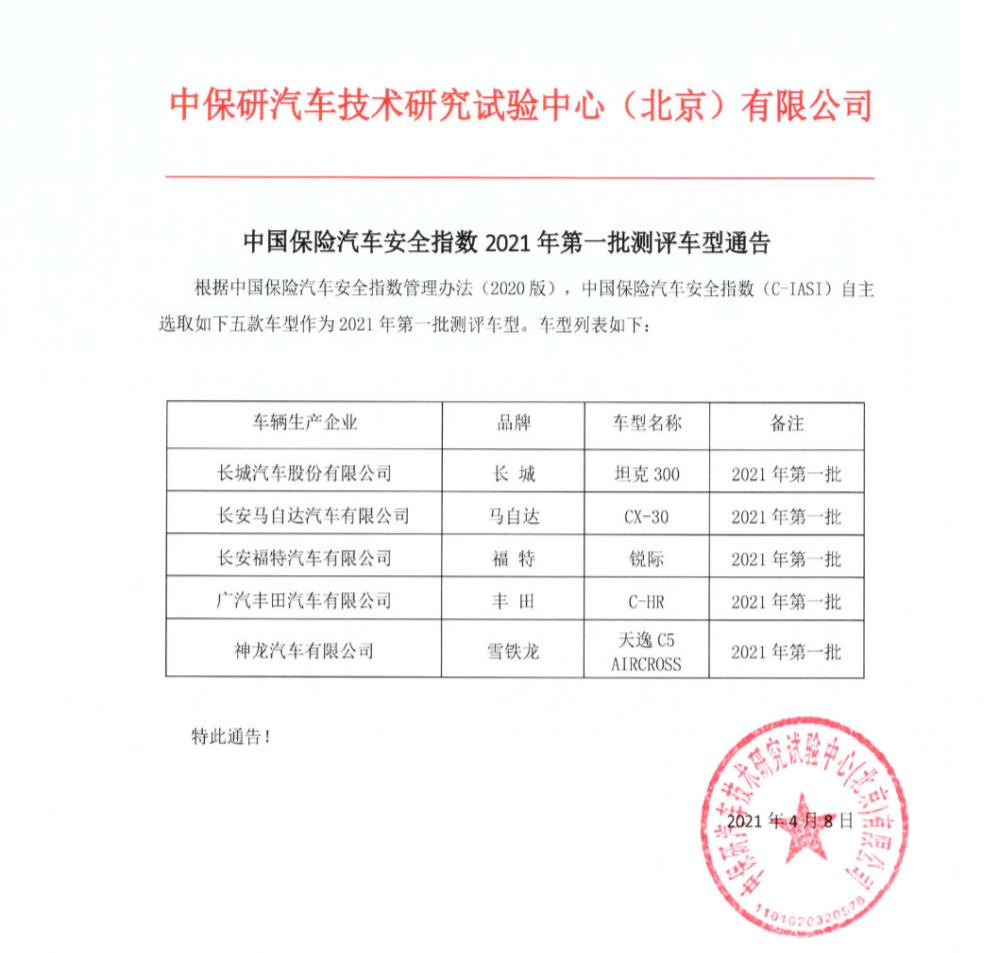 采用全新碰撞规程，2021年中保研首批车型公布