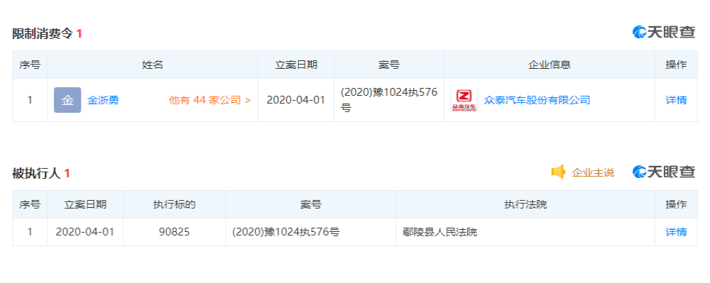 众泰汽车董事长被限制高消费