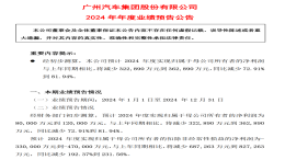 广汽集团预告，2024年扣非净亏损33亿-47亿元